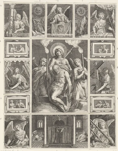 Pietà, omringd door de passiewerktuigen by Johann Sadeler, print, 1580-1600