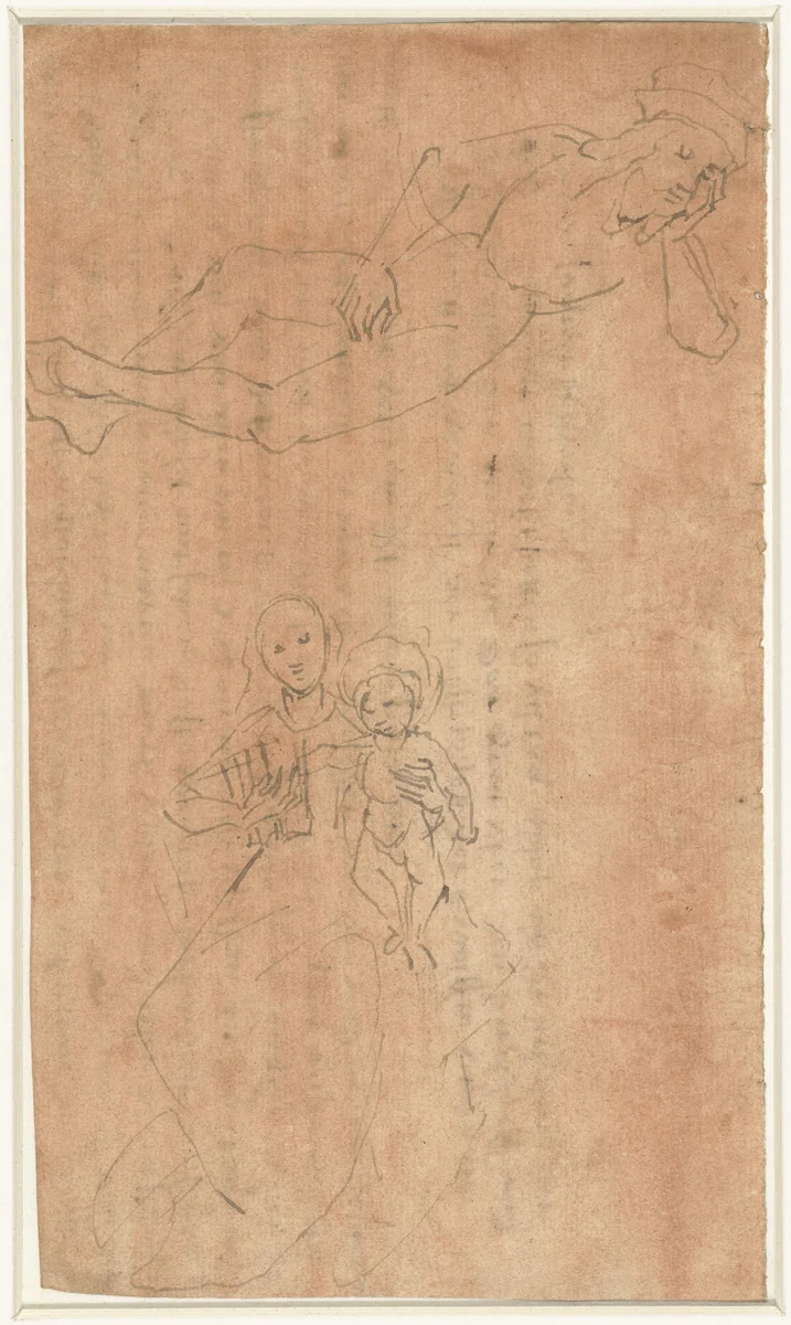 Studieblad met liggende Jesse en een zittende Madonna by Meester der Coburger Rundscheiben, drawing, 1475-1500