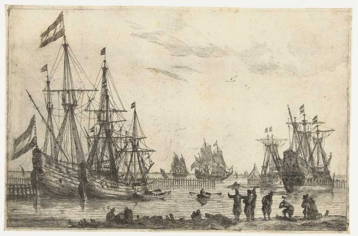 Vier zeilschepen achter een golfbreker by Reinier Nooms, print, 1650-1664