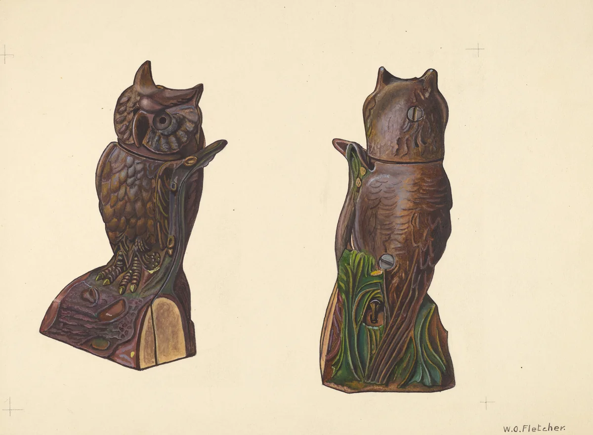 Owl on Log Bank by William O. Fletcher, index of american design, 1937
