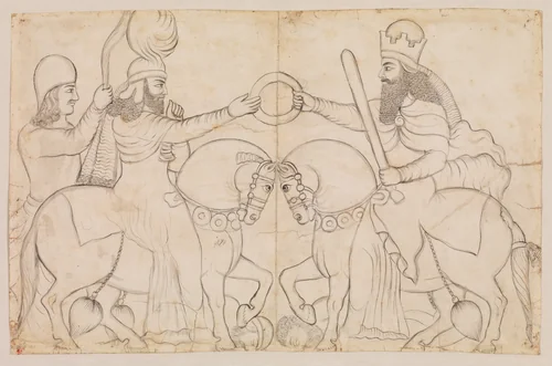 Drawing of Sasanian rock relief: Ardashir I (r. A.D. 224-241) and the Zoroastrian divinity Ohrmazd [Ahura Mazda] at Naqsh-i Rustam, southern Iran by Lutf-'Ali Shirazi, artwork, 1812