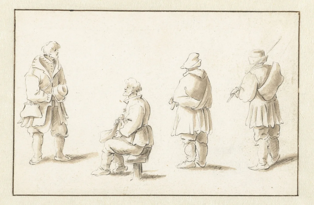 Een zittende en drie staande mannen by Herman Saftleven, drawing, 1619-1685