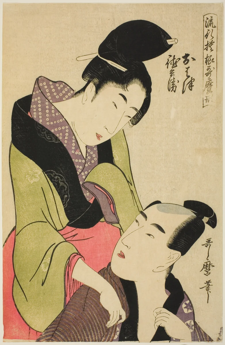 Ohatsu and Tokubei, from the series "Fashionable Patterns in Utamaro Style (Ryuko moyo Utamaro-gata)" by Kitagawa Utamaro (喜多川歌麿), print, 1793-1804