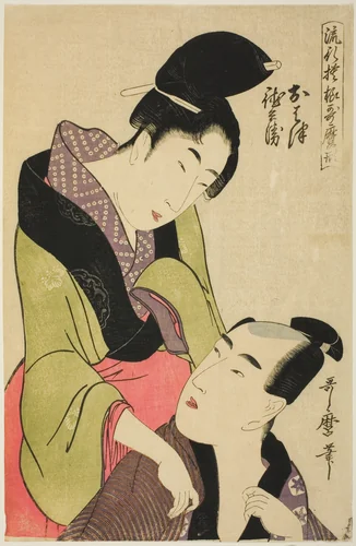 Ohatsu and Tokubei, from the series "Fashionable Patterns in Utamaro Style (Ryuko moyo Utamaro-gata)" by Kitagawa Utamaro (喜多川歌麿), print, 1793-1804