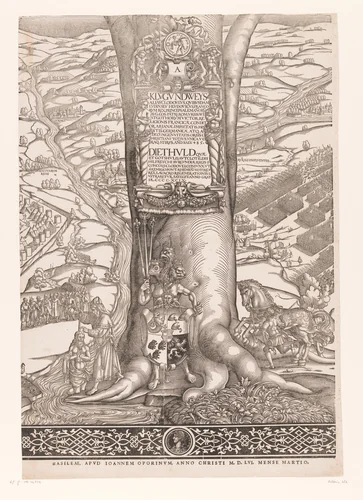 Stamboom van Frederik en Ottheinrich van Palts-Neuburg (plaat 2) by Jakob Clauser, print, 1535-1594