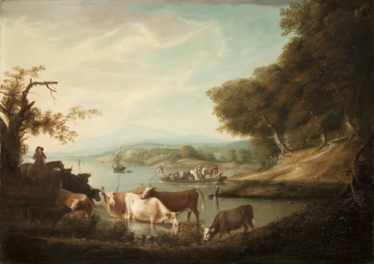 A Calm Watering Place--Extensive and Boundless Scene with Cattle by Alvan Fisher, painting, 1816