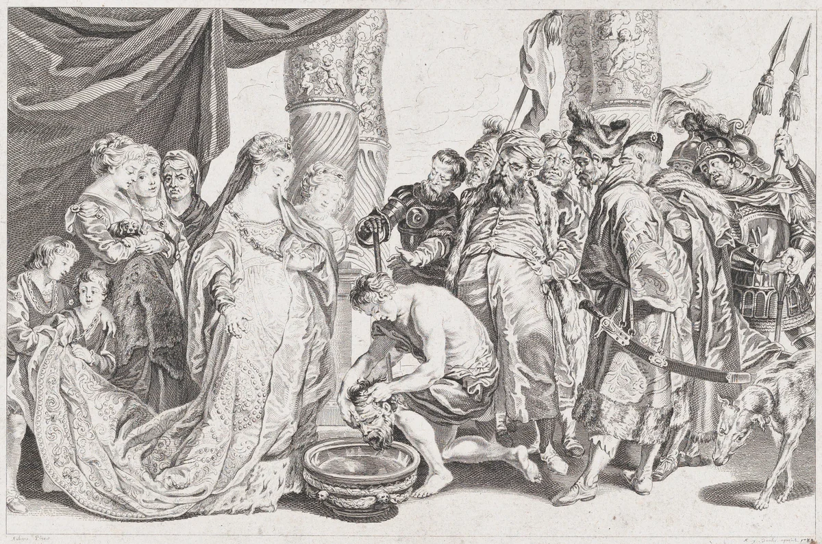 The Head of Cyrus brought to Queen Tomyris by Antoine-Jean Duclos, print, 1785-1789