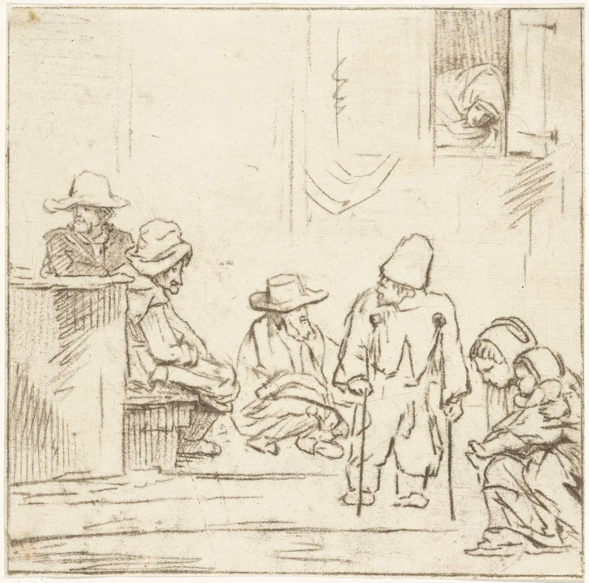 Groep figuren onder een venster by Cornelis van Noorde, print, 1780
