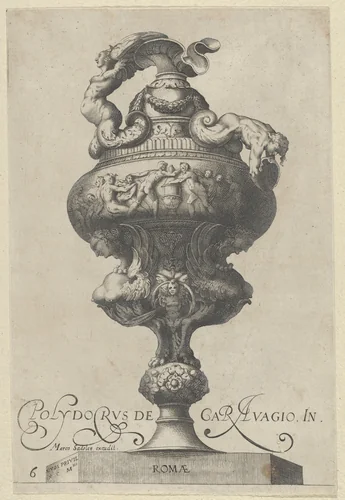 Plate 6: Vase or Ewer with a Frieze Containing Naked Figures, Supported Below by Two Female Sphinxes, from "Antique Vases" (Vasa a Polydoro Caravagino) by Aegidius Sadeler II, print, 1605
