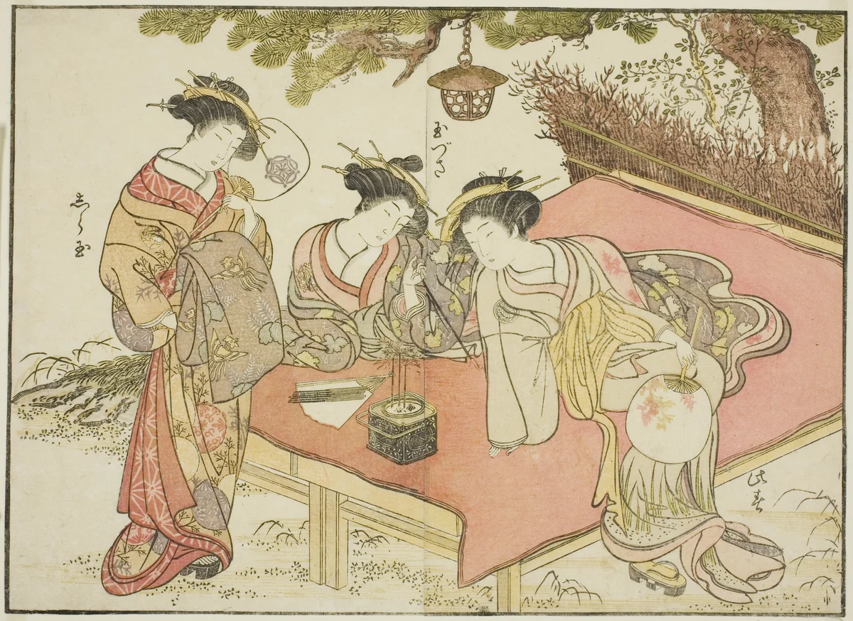 Courtesans of the Yadaya, from the book "Mirror of Beautiful Women of the Pleasure Quarters (Seiro bijin awase sugata kagami)," vol. 1 by Katsukawa Shunsho (勝川 春章), print, 1776