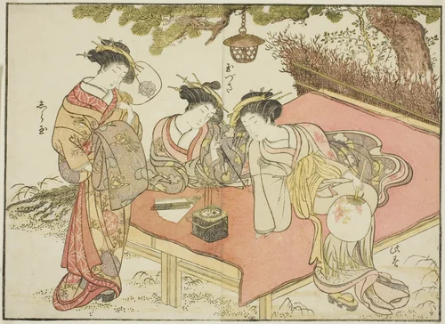 Courtesans of the Yadaya, from the book "Mirror of Beautiful Women of the Pleasure Quarters (Seiro bijin awase sugata kagami)," vol. 1 by Katsukawa Shunsho (勝川 春章), print, 1776