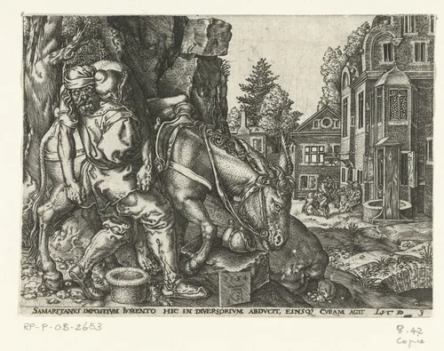 Barmhartige Samaritaan legt de gewonde man op zijn ezel by anonymous, print, 1554-1610