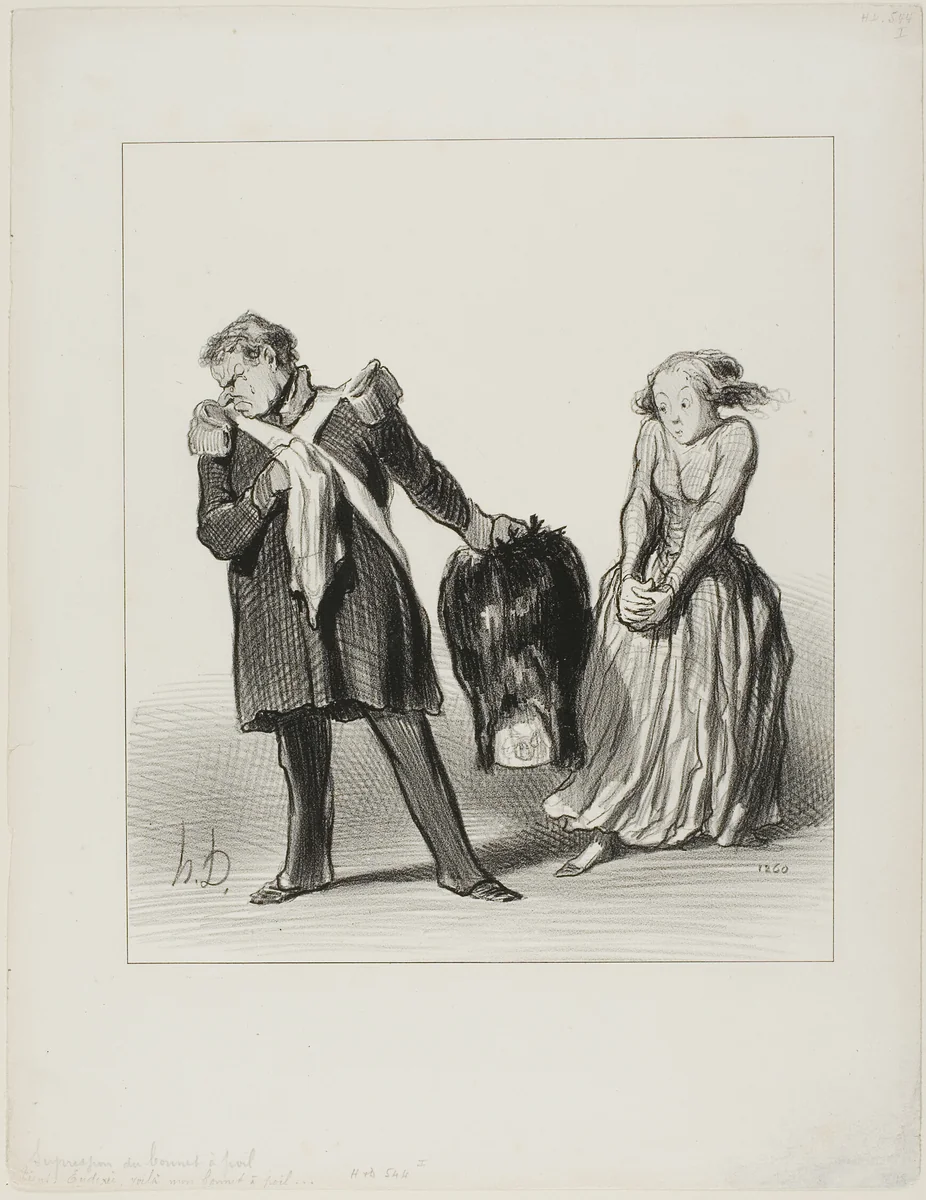 “- Here, Eudoxie, take my bear skin... since from now on I will not have the pleasure any more to wear it, I give it to you to make a muff out of it... This way I have at least the satisfaction of seeing it from time to time” by Honoré-Victorin Daumier, print, 1848