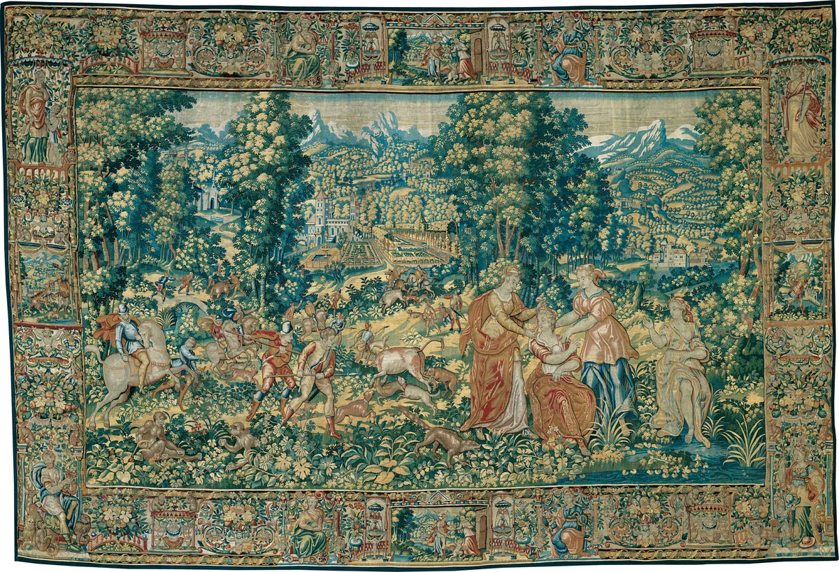 Diana and Her Nymphs with the Ox Hunt by Adriaen Collaert, textile, 1590-1610