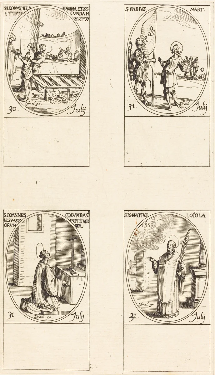 Sts. Donatilla, Maxima & Secunda; St. Fabius; St. John Colombini; St. Ignatius Loyola by Jacques Callot, print, 1627-1637