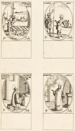 Sts. Donatilla, Maxima & Secunda; St. Fabius; St. John Colombini; St. Ignatius Loyola by Jacques Callot, print, 1627-1637