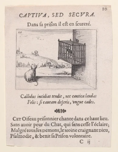 Le Chat Guettant L'Oiseau en Cage (The Cat Watching the Bird in the Cage), plate 10 from "Lux Claustri ou La Lumière du Cloitre" (The Light of the Cloisters) by Jacques Callot, print, 1621-1635