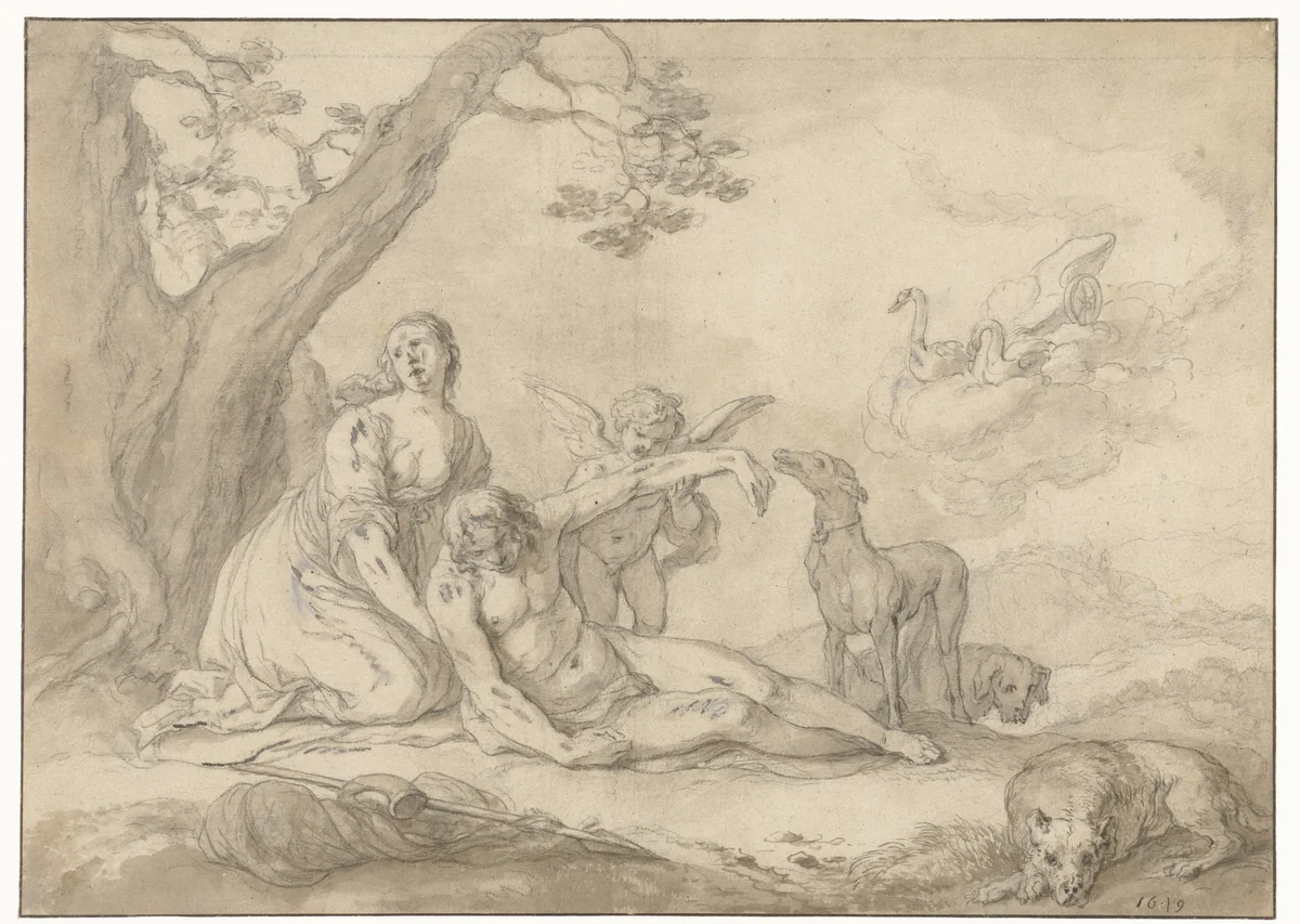 Diana en Endymion by Abraham Bloemaert, drawing, 1649