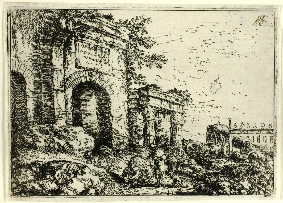 Italian Landscape with Ruins by Jonas Umbach, print, 1644-1693