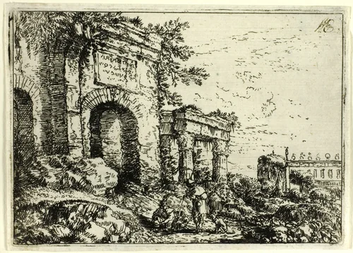 Italian Landscape with Ruins by Jonas Umbach, print, 1644-1693