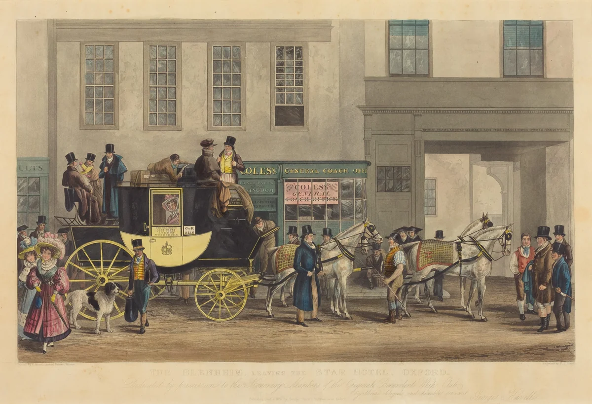 The Blenheim, Leaving the Star Hotel, Oxford by Frederick James Havell; George Havell, print, 1831