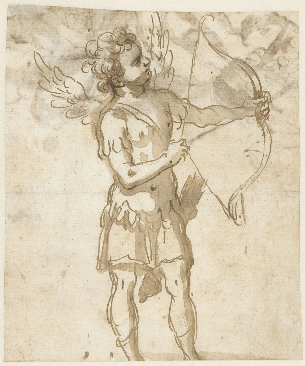Staande Amor, met boog by Unknown, drawing, 1562-1610