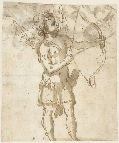 Staande Amor, met boog by Unknown, drawing, 1562-1610