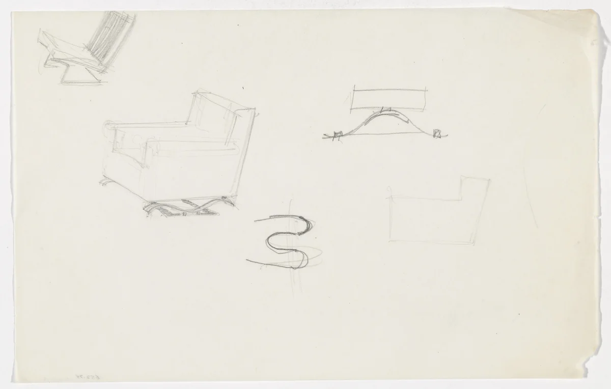 Lounge Chair with Arms. Lounge Chair without Arms. (Perspective and detail sketches) by Ludwig Mies van der Rohe, mies van der rohe archive, 1926