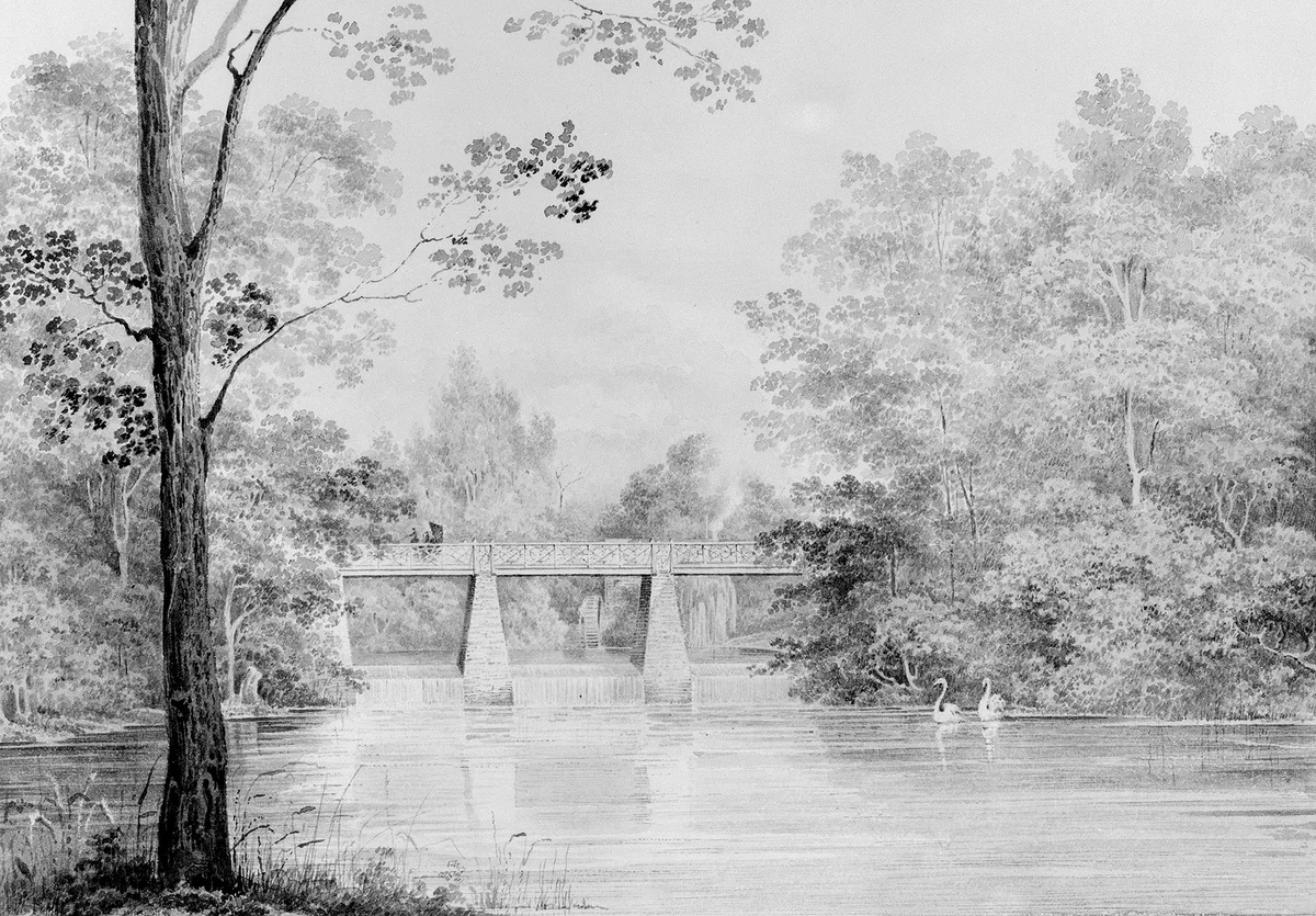 Bridge over Crumelbow Creek, David Hosack Estate, Hyde Park, New York (from Hosack Album) by Thomas Kelah Wharton, artwork, 1829-1832