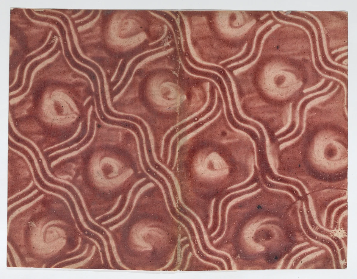 Book cover with overall pattern of red curved lines by anonymous, print, 1700-1800