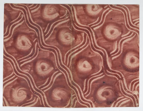 Book cover with overall pattern of red curved lines by anonymous, print, 1700-1800