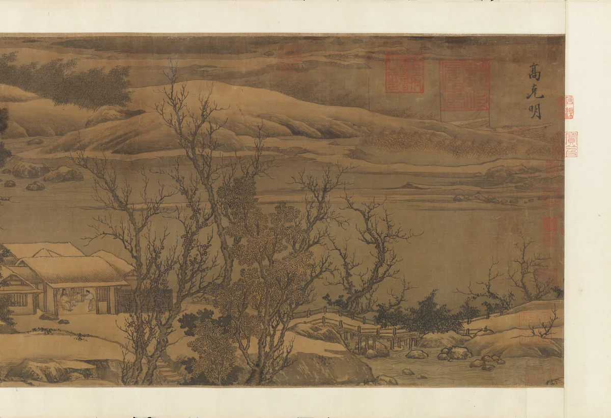 Snowy landscape with rustic riverside retreat by Liu Songnian, painting, 1175-1199