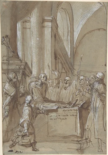 Raymond Diocrès Speaking During His Funeral (from the Life of Saint Bruno of Cologne) by Daniele Crespi, drawing, 1628-1629