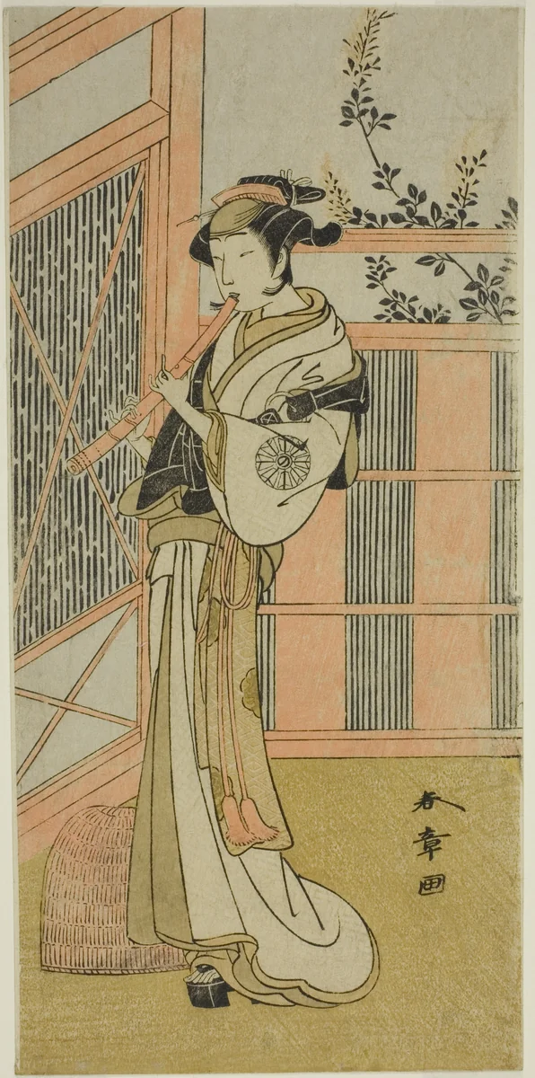 The Actor Nakamura Noshio I as Misao Disguised as a Komuso in the Play Kosode-gura no Tekubari, Performed at the Morita Theater in the Second Month, 1772 (?) by Katsukawa Shunsho (勝川 春章), print, 1767-1777