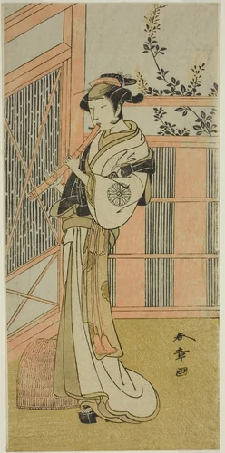 The Actor Nakamura Noshio I as Misao Disguised as a Komuso in the Play Kosode-gura no Tekubari, Performed at the Morita Theater in the Second Month, 1772 (?) by Katsukawa Shunsho (勝川 春章), print, 1767-1777