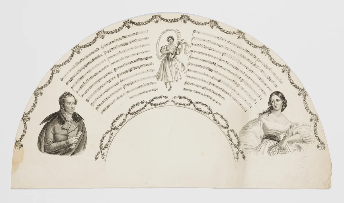 Fan leaf with music and a male and female half figure by Willaeys, print, 1800-1899