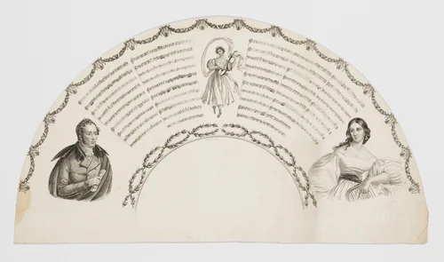 Fan leaf with music and a male and female half figure by Willaeys, print, 1800-1899