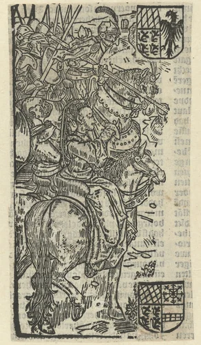 Vrouw en ridders te paard by anonymous, print, 1517