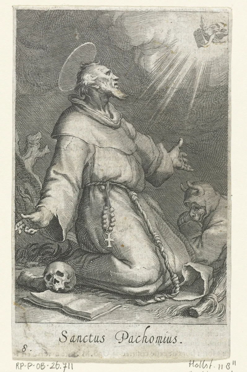 Heilige Pachomius de Oudere als kluizenaar by Boëtius Adamsz. Bolswert, print, 1590-1612
