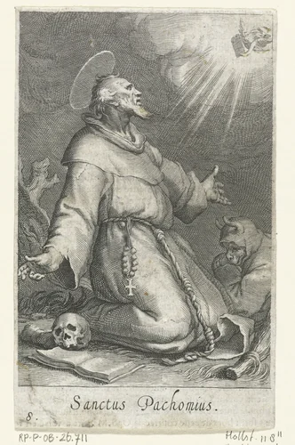 Heilige Pachomius de Oudere als kluizenaar by Boëtius Adamsz. Bolswert, print, 1590-1612