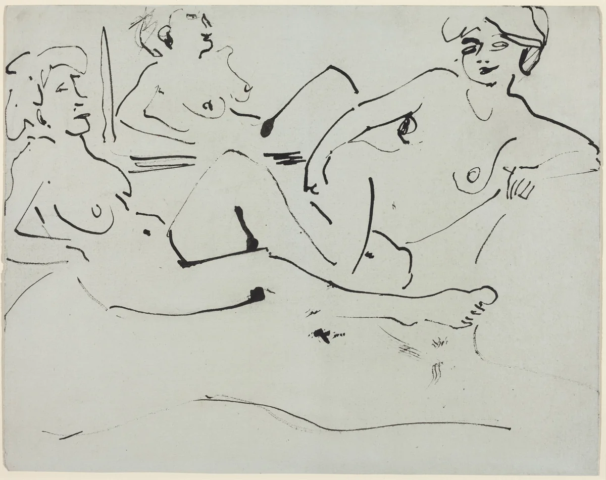 Dodo and an Older Woman Reclining before a Mirror by Ernst Ludwig Kirchner, drawing, 1909