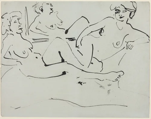 Dodo and an Older Woman Reclining before a Mirror by Ernst Ludwig Kirchner, drawing, 1909