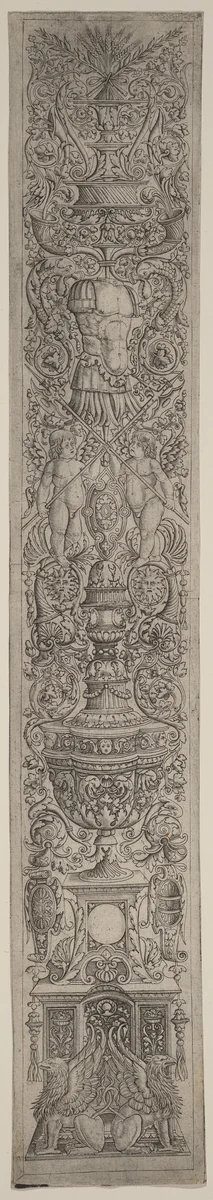 Ornament Panel: Griffins and Two Cupids Crossing Halberds by Andrea Zoan; Giovanni Pietro Birago, print, 1505-1515