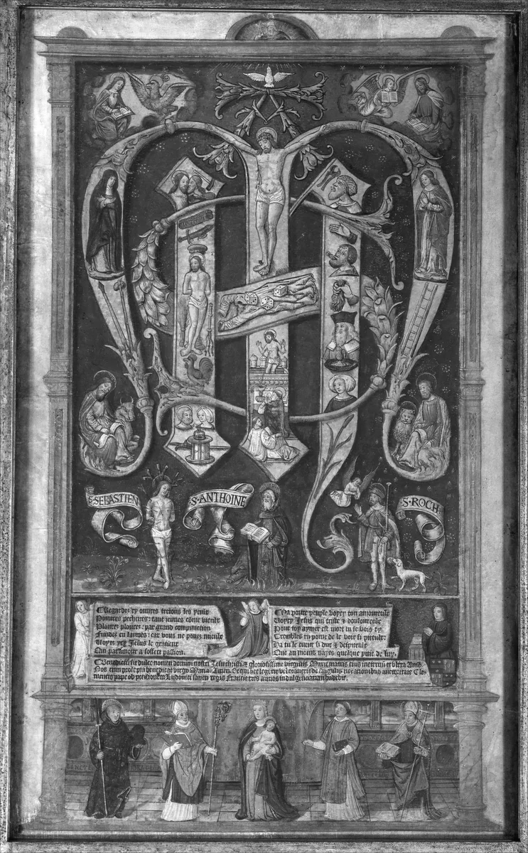 Sacred Monogram with the Trinity, Instruments of the Passion, and Saints by anonymous, print, 1485-1505