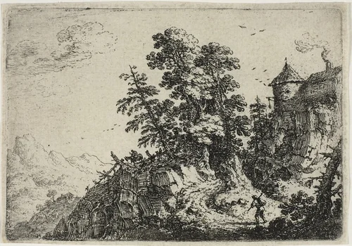 Travellers on Winding Road, from Six Landscapes by Herman Saftleven, print, 1635-1645