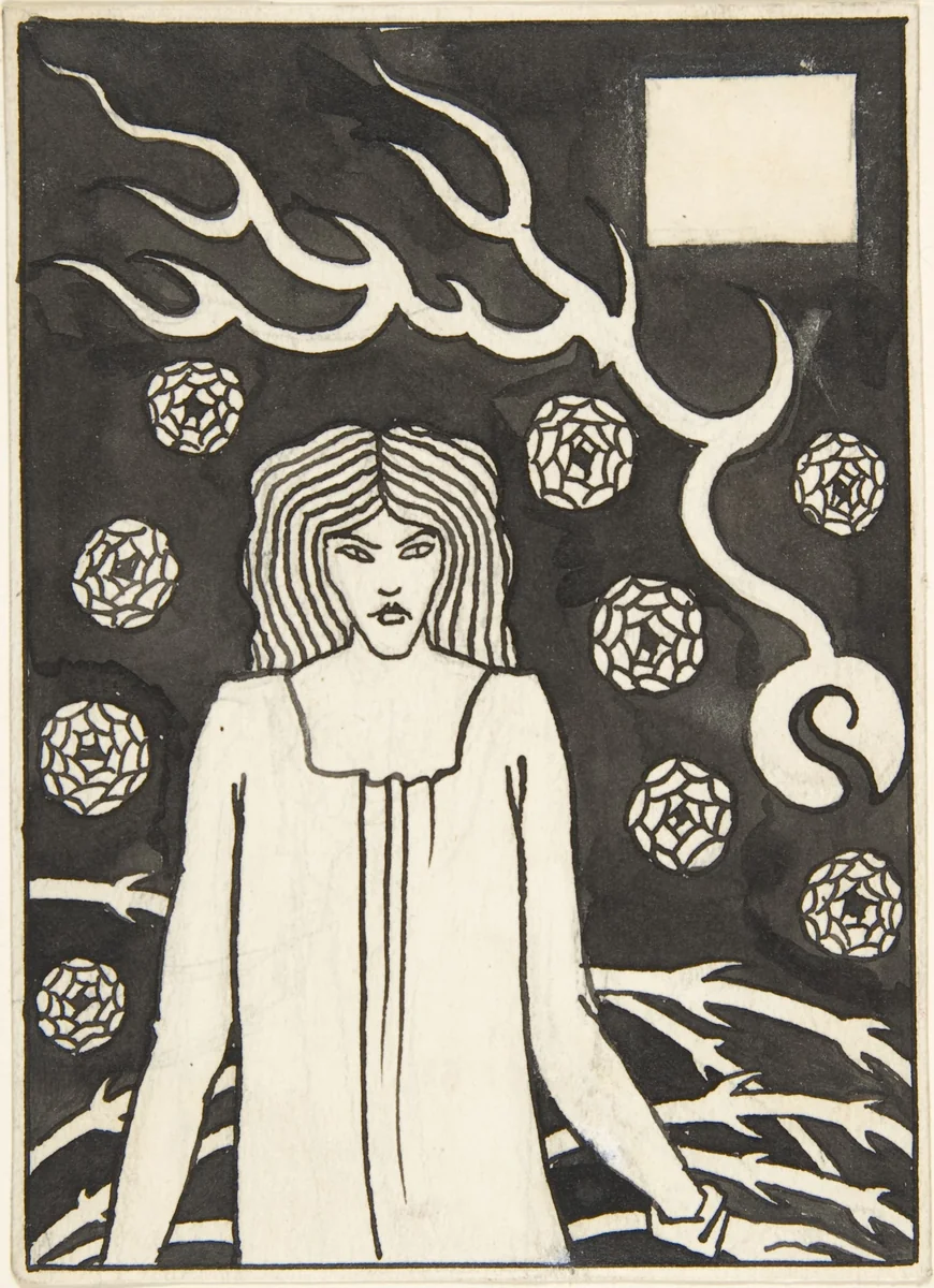 Young Woman Surrounded by Briars, Lightning and Roses (Chapter Heading, "Le Morte d'Arthur," J. M. Dent 1893–94, Part III, book vi, chapter xvii, p. 215 and Part VII, book x, chapter xxii, p. 500) by Aubrey Beardsley, drawing, 1893
