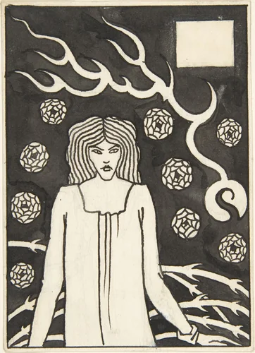 Young Woman Surrounded by Briars, Lightning and Roses (Chapter Heading, "Le Morte d'Arthur," J. M. Dent 1893–94, Part III, book vi, chapter xvii, p. 215 and Part VII, book x, chapter xxii, p. 500) by Aubrey Beardsley, drawing, 1893