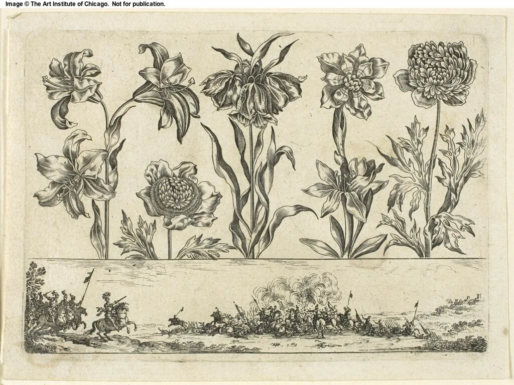 Flowers and Battle Scene, from Livre Nouveau de Fleurs... by Nicolas Cochin, print, 1645