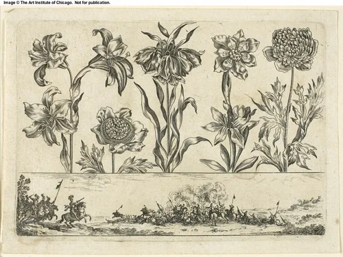 Flowers and Battle Scene, from Livre Nouveau de Fleurs... by Nicolas Cochin, print, 1645