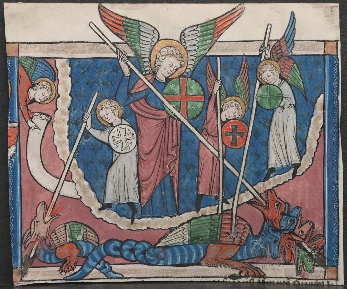 Miniature from a Manuscript of the Apocalypse: The War in Heaven by Unknown, manuscript, 1290-1300